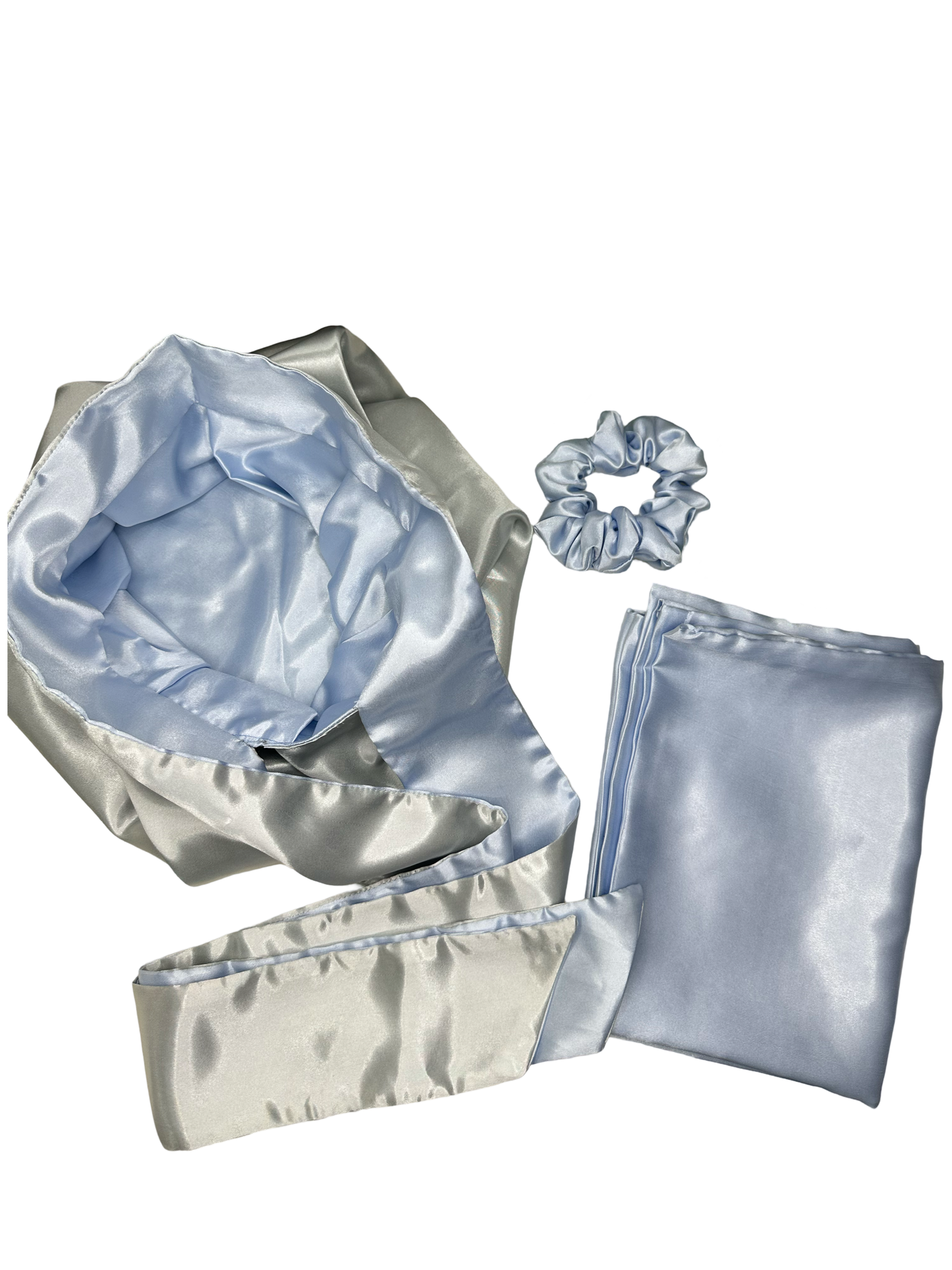 Kit saphir bonnet en satin sans élastique + taie oreiller +chouchou