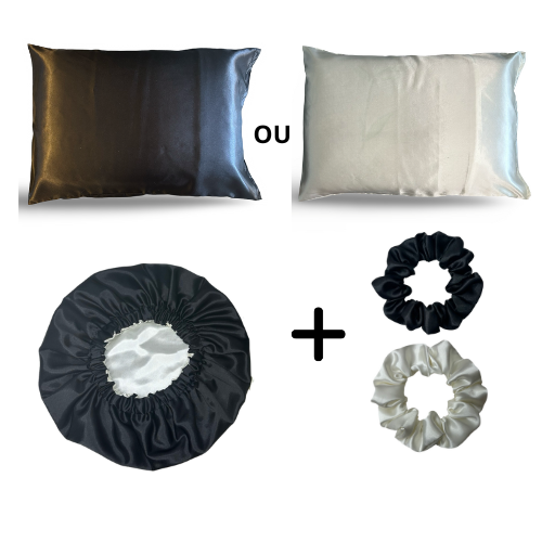 Kit essentiel  | Bonnet en satin réversible + taie oreiller en satin + chouchous